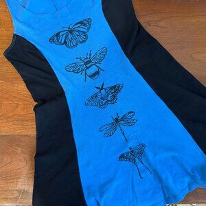 H&M Blue & Black Insect Print Sleeveless Dress | Butterfly Bee Dragonfly | M